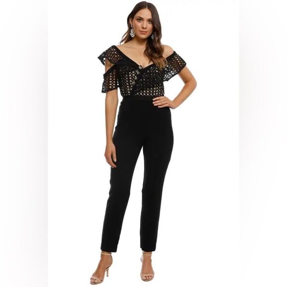 SELF PORTRAIT X REVOLVE black Lace Guipure Frill off the shoulder Jumpsuit sz 6 - Picture 1 of 11